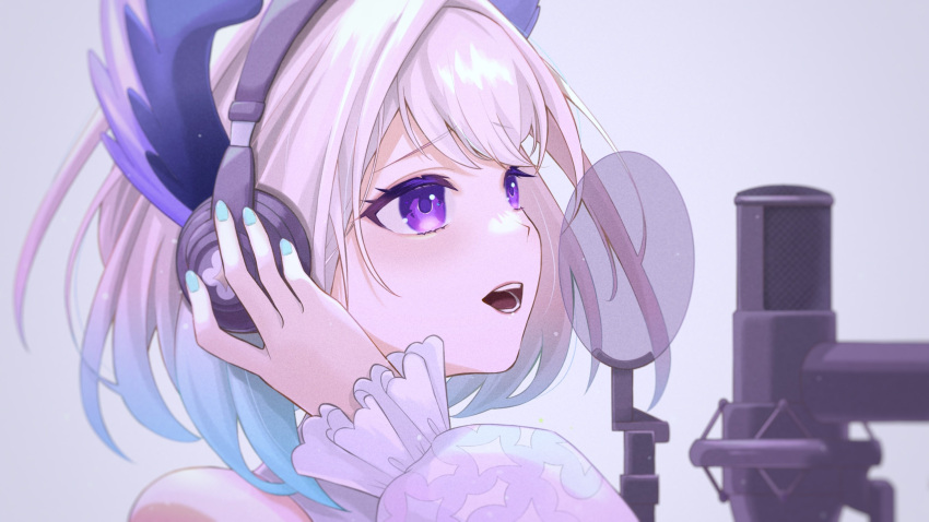 1girl, blonde_hair, blue_hair, blue_nails, enna_alouette, enna_alouette_(2nd_costume), gradient_hair, hand_on_headphones