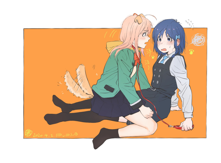 2girls, afterimage, ahoge, amano_konatsu, animal_ears, arm_support, black_thighhighs, blue_bow
