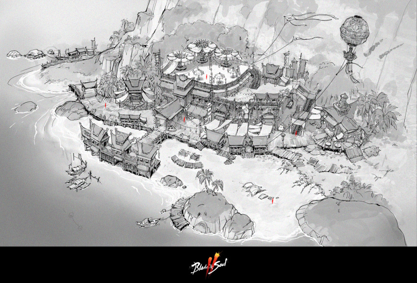 aircraft, blade_&amp;_soul_2, concept_art, copyright_name, fantasy, greyscale, harbor, hot_air_balloon