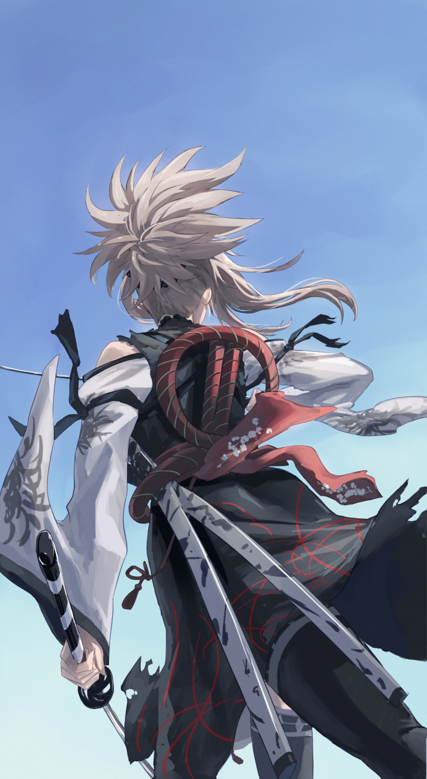 1girl, absurdres, blue_sky, fate/samurai_remnant, fate_(series), from_behind, highres, holding