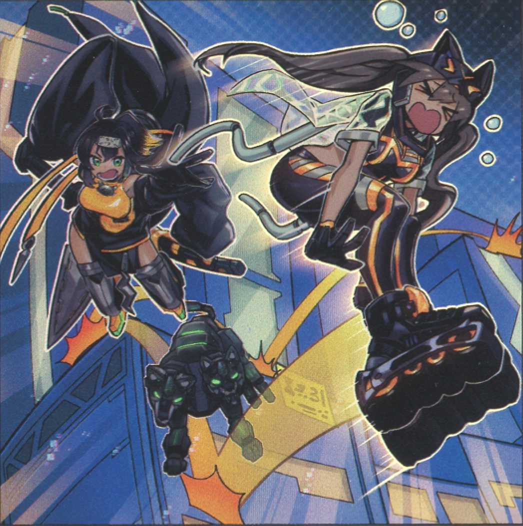 ahoge, bare_shoulders, black_hair, cat_mask, duel_monster, elbow_gloves, forehead_protector, gloves