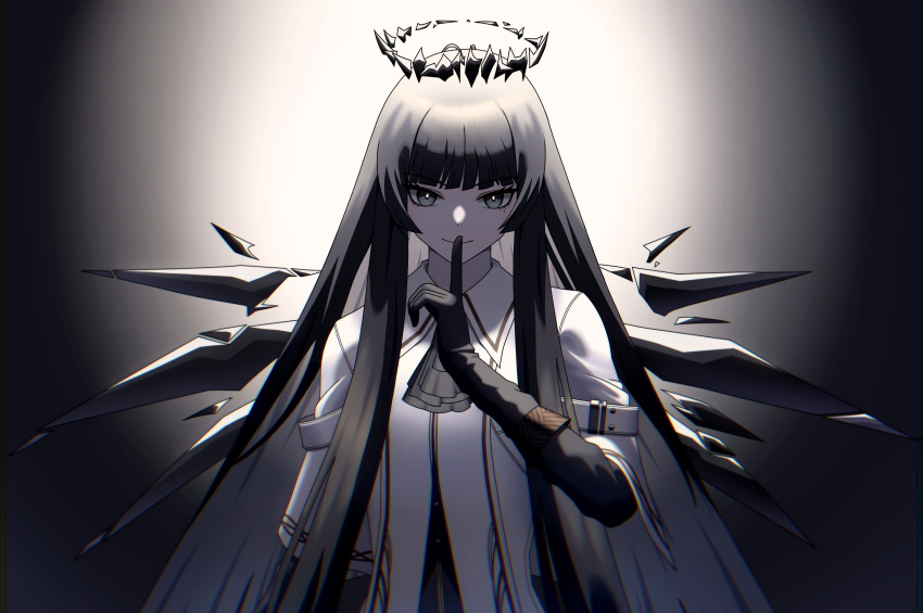 1girl, absurdres, arknights, arturia_(arknights), black_eyes, black_hair, dark_background, finger_to_mouth, gloves, highres, long_hair, random_no.39576, smile, wings