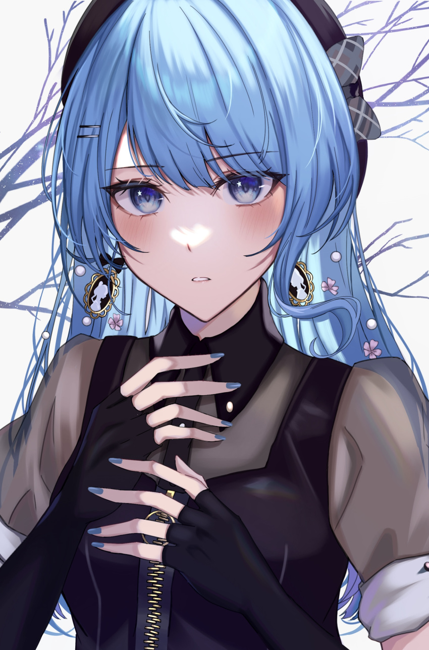 1girl, absurdres, beret, black_gloves, black_headwear, blue_eyes, blue_hair, blue_nails