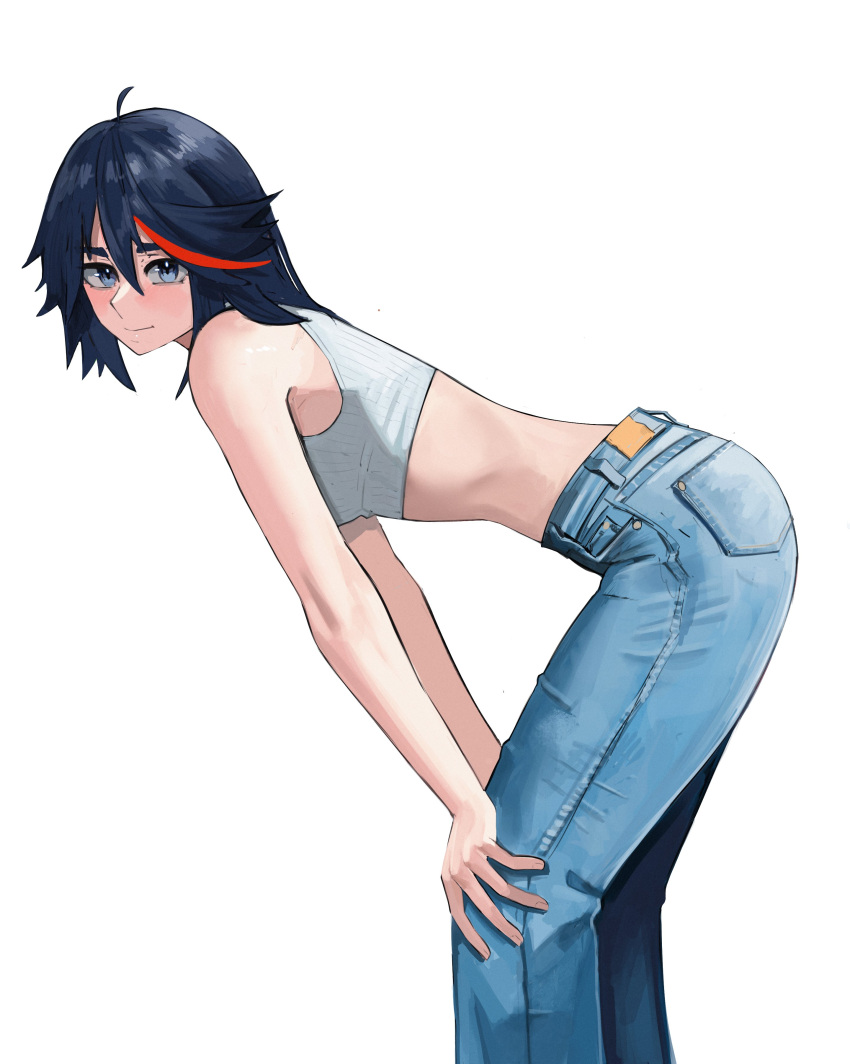 1girl, absurdres, ahoge, alternate_costume, bare_arms, bare_shoulders, bent_over, black_hair, blue_eyes, breasts, closed_mouth, crop_top, denim, feet_out_of_frame, highres, jeans, kill_la_kill, matoi_ryuuko, medium_hair, multicolored_hair, pants, shiny_skin, short_hair, simple_background, smile, solo, tefi_blum, tomboy, white_background