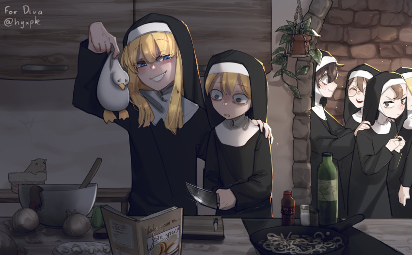 6+girls, absurdres, black_robe, blind_girl_(popopoka), blonde_girl_(popopoka), blonde_hair, blue_eyes, book, brown_hair, cat_baguette_(popopoka), crossover, food, freckles, frying_pan, glasses, grey_eyes, grin, habit, highres, holding, holding_knife, knife, little_nuns_(diva), multiple_girls, mushroom, nun, open_book, open_mouth, original, popopoka, robe, round_eyewear, smile, stone_wall, teeth, traditional_nun, trembling, wall, wavy_mouth