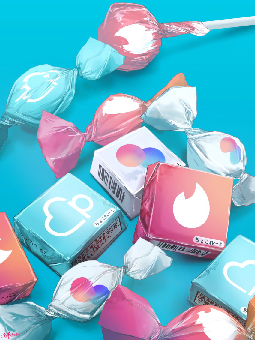 blue_background, candy, commentary_request, copyright_request, food, food_focus, highres, lollipop