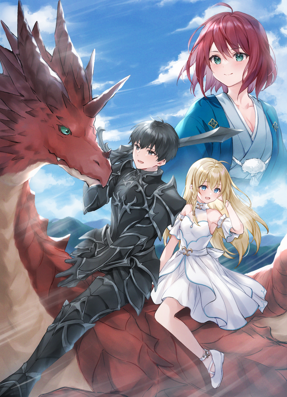 1boy, 2girls, ahoge, armor, bare_shoulders, black_armor, black_eyes, black_hair