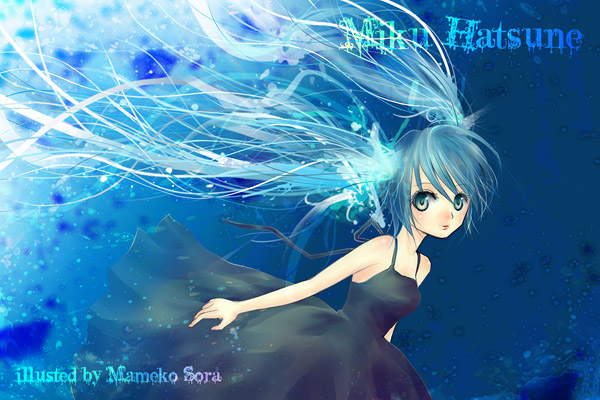 aqua_eyes, aqua_hair, dress, floating_hair, hatsune_miku, long_hair, mamekosora, solo