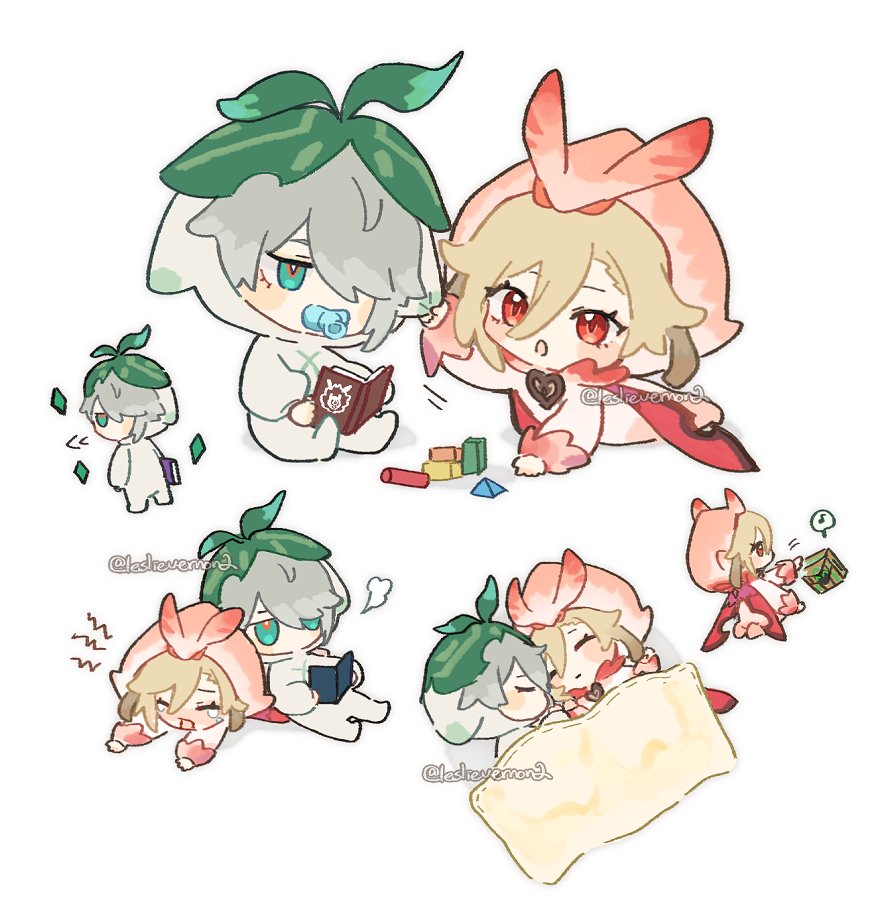 2boys, :o, aged_down, alhaitham_(genshin_impact), alternate_costume, aranara_(genshin_impact), artist_name, asymmetrical_sidelocks