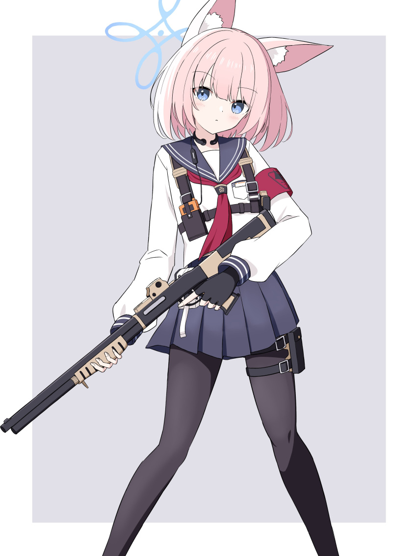 1girl, absurdres, animal_ear_fluff, animal_ears, armband, benelli_m3, black_gloves, black_pantyhose