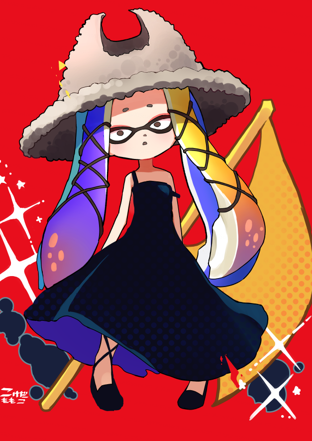 105custom, 1girl, black_dress, black_footwear, character_request, dress, flag, full_body, gradient_hair, grey_headwear, halftone, hat, long_dress, long_hair, multicolored_hair, red_background, shoes, solo, splatoon_(series), splatoon_3, standing, strap_slip, tentacle_hair, very_long_hair