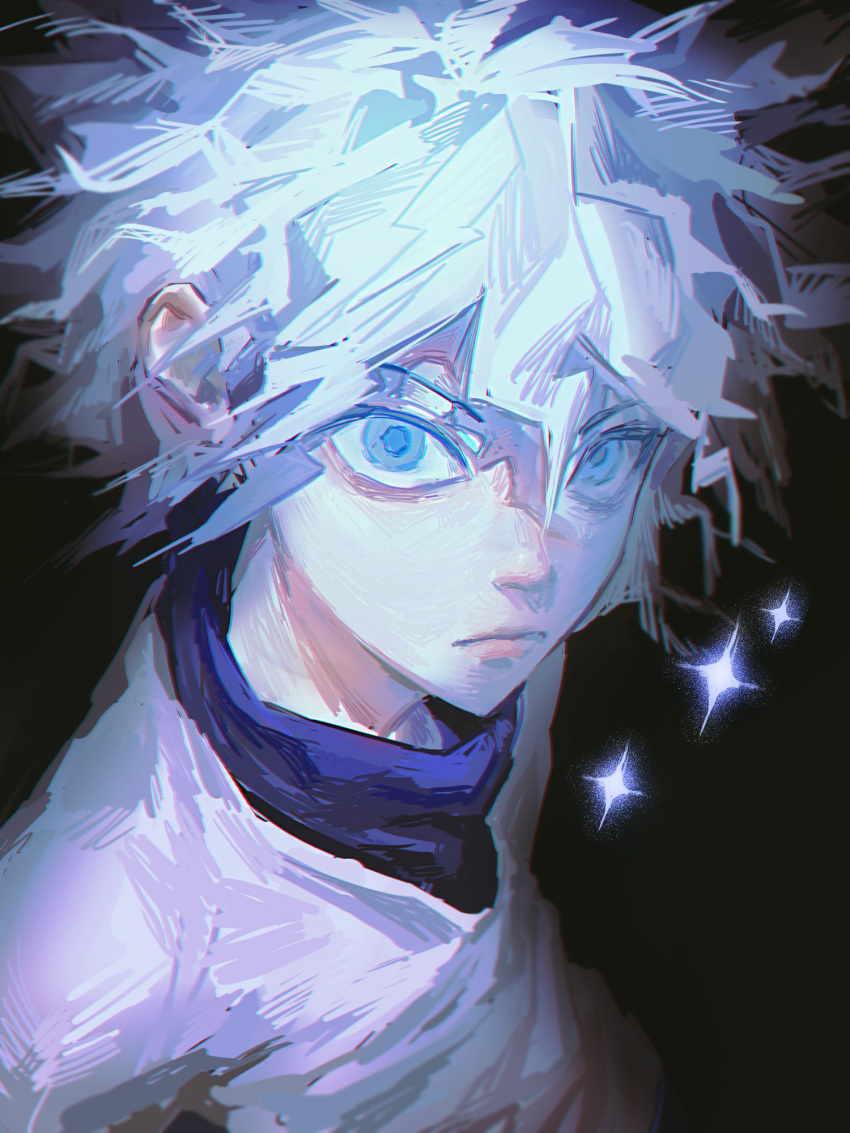 1boy, black_background, blue_eyes, corraboar, electricity, from_above, highres, hunter_x_hunter