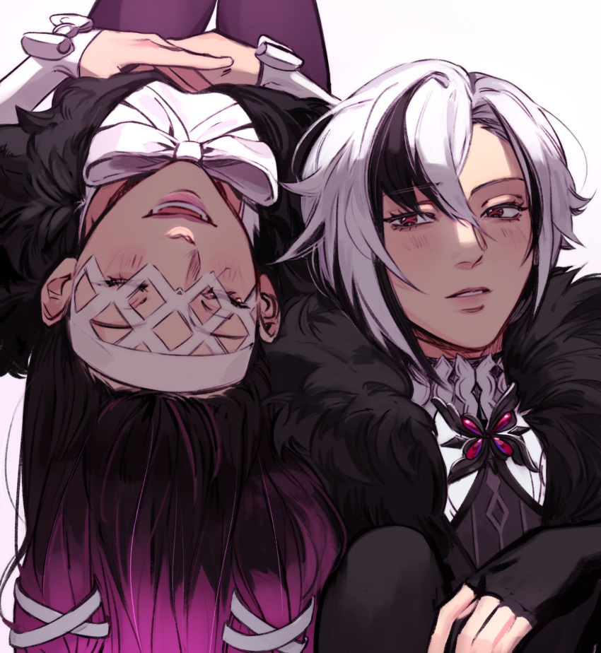 2girls, androgynous, arlecchino_(genshin_impact), black_hair, blush, bridal_gauntlets, closed_eyes, columbina_(genshin_impact), genshin_impact, grey_background, highres, long_hair, looking_at_viewer, mask, multicolored_hair, multiple_girls, open_mouth, pink_hair, red_eyes, short_hair, sonagee, teeth, white_hair