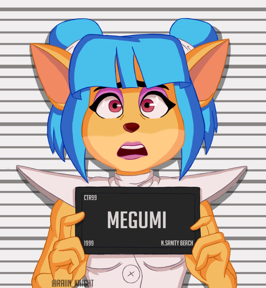 1girl, artist_name, barbie_mugshot_(meme), blue_hair, character_name, crash_bandicoot_(series), english_text, highres, looking_at_viewer, medium_hair, megumi_(crash_bandicoot), meme, mugshot, open_mouth, portrait, raiin_knight, red_eyes, solo, teeth, upper_teeth_only, watermark