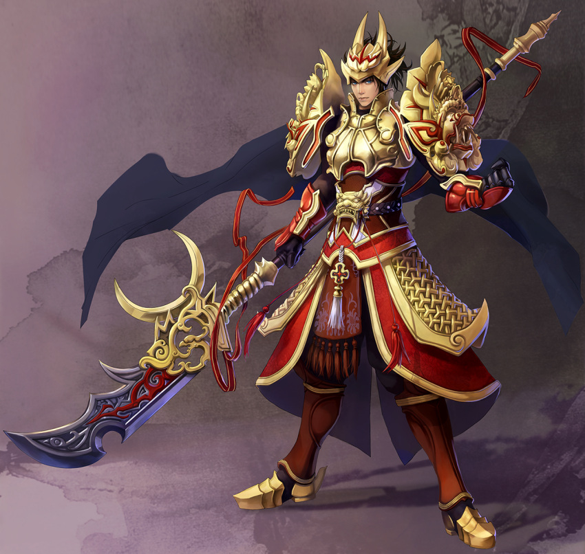 1boy, arm_guards, armor, armored_boots, black_hair, blue_eyes, boots, cape, commentary_request, eat0123, full_moon, gloves, guan_dao, highres, holding, holding_polearm, holding_weapon, lin_chong, looking_at_viewer, moon, original, outlaws_of_the_marsh, pauldrons, photoshop_(medium), polearm, shoulder_armor, shui_hu_zhuan, solo, weapon