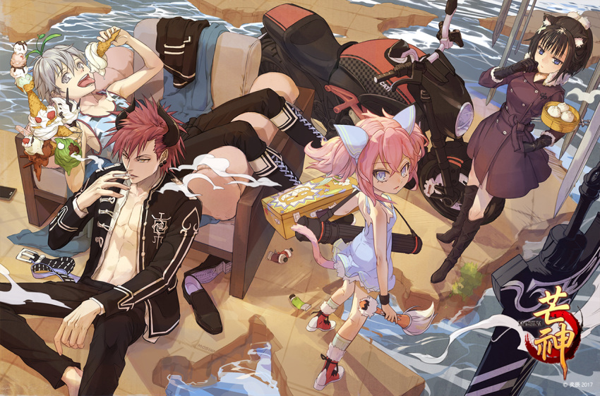 2boys, 2girls, abs, ahoge, animal_ears, bamboo_steamer, baozi, belt