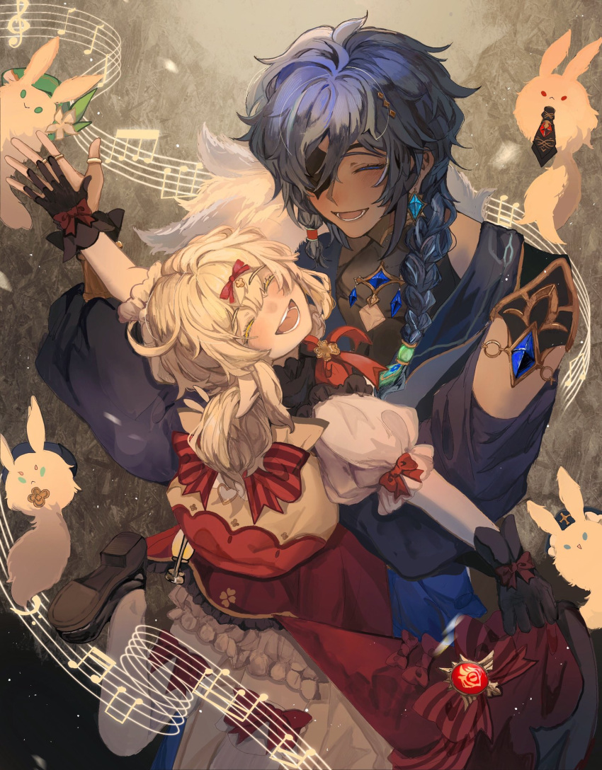 1boy, 1girl, blue_hair, braid, dark-skinned_male, dark_skin, dress, genshin_impact