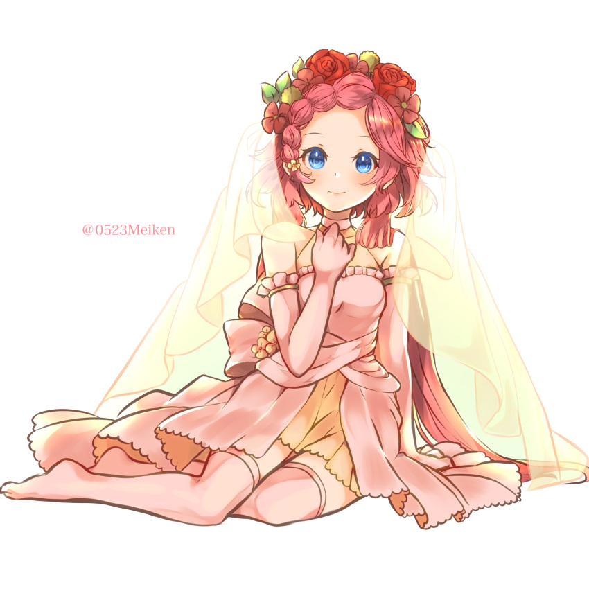1girl, alternate_costume, blue_eyes, dragalia_lost, dress, elbow_gloves, flower, full_body