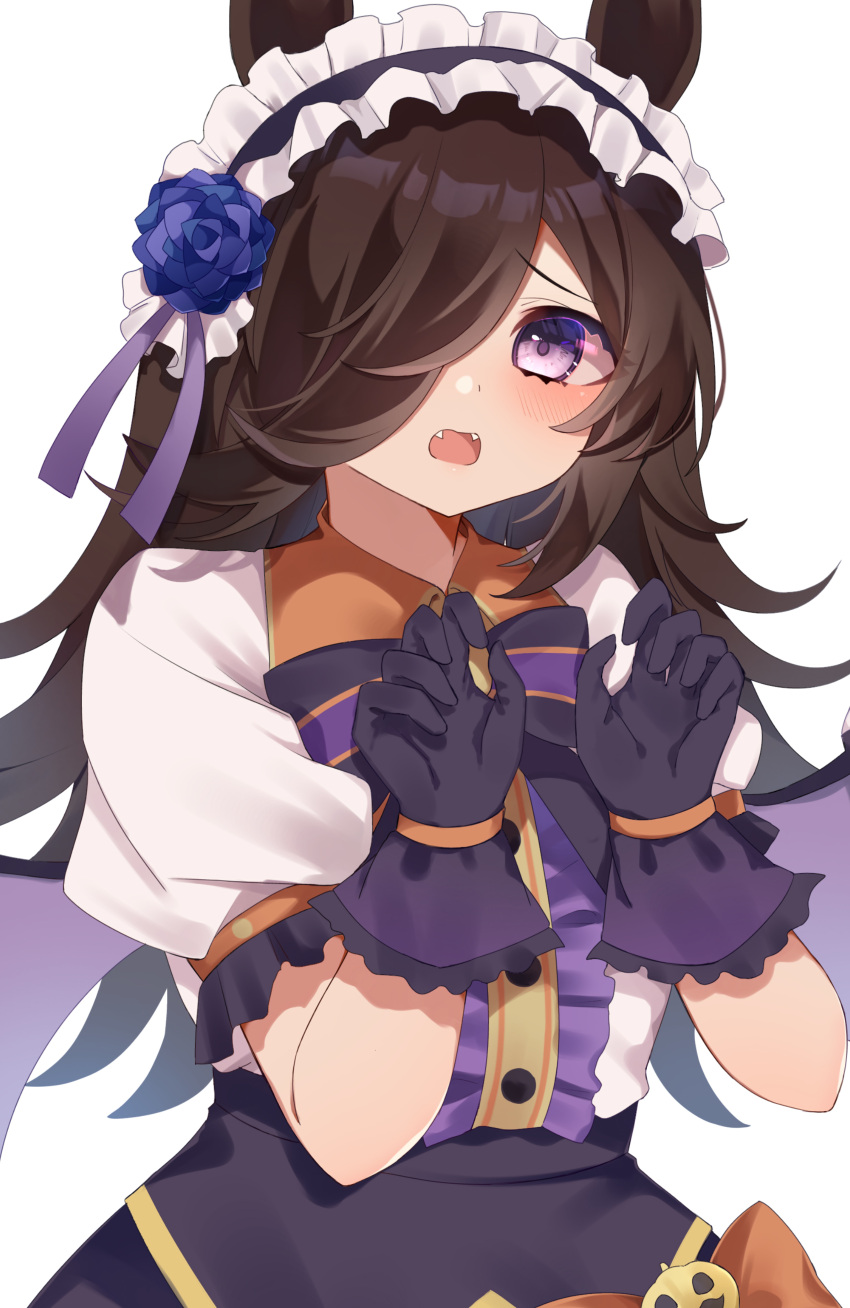 1girl, absurdres, black_gloves, blue_flower, blue_rose, bow, brown_hair, center_frills