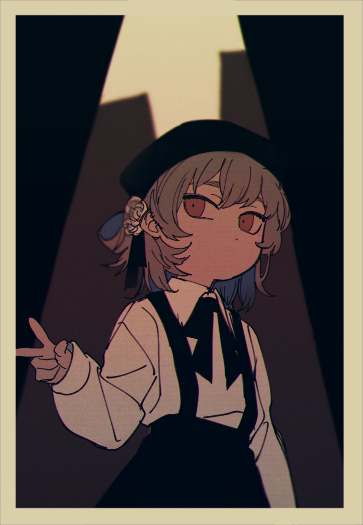 1girl, beret, black_headwear, black_ribbon, black_skirt, blurry, blurry_background, border, brown_hair, chromatic_aberration, collared_shirt, colored_inner_hair, cowboy_shot, depth_of_field, dot_mouth, empty_eyes, expressionless, flower, futaya635, grey_hair, hair_flower, hair_ornament, hair_ribbon, hand_up, hat, hatoba_tsugu, highres, long_sleeves, looking_to_the_side, multicolored_hair, neck_ribbon, red_eyes, ribbon, rose, shirt, shirt_tucked_in, short_hair, single_hair_ring, skirt, solo, suspender_skirt, suspenders, thick_eyebrows, tsugu_(vtuber), virtual_youtuber, w, white_flower, white_rose, white_shirt, yellow_border
