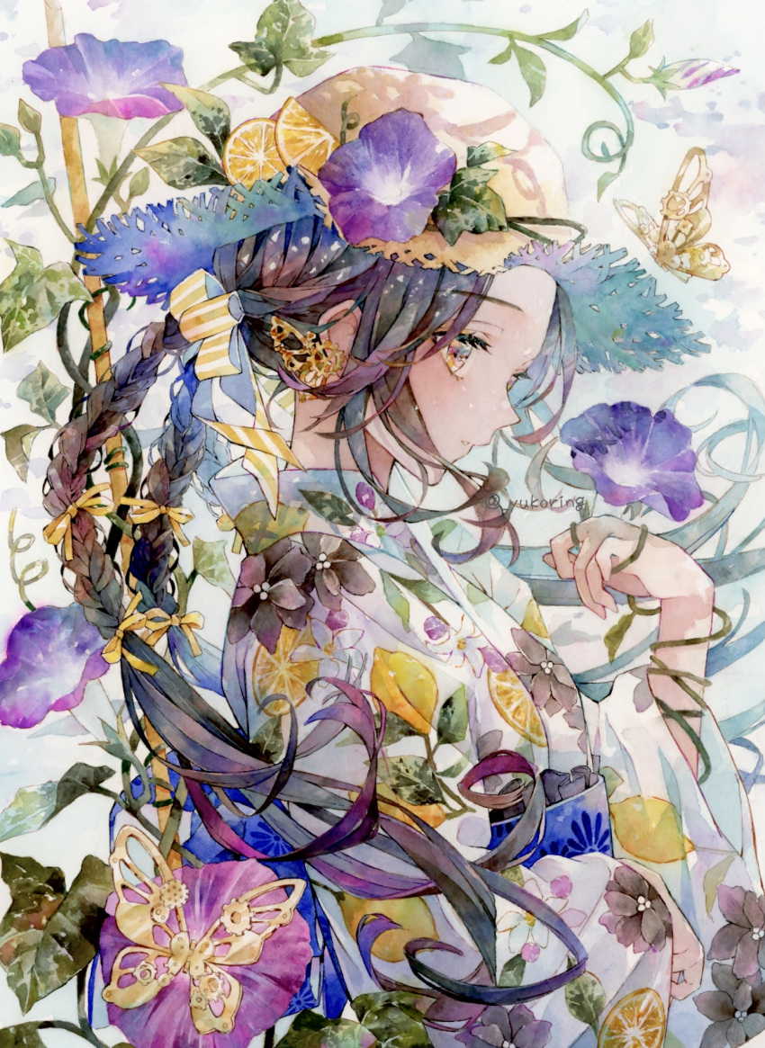 1girl, black_flower, black_hair, blue_background, blue_sash, braid, bug, butterfly