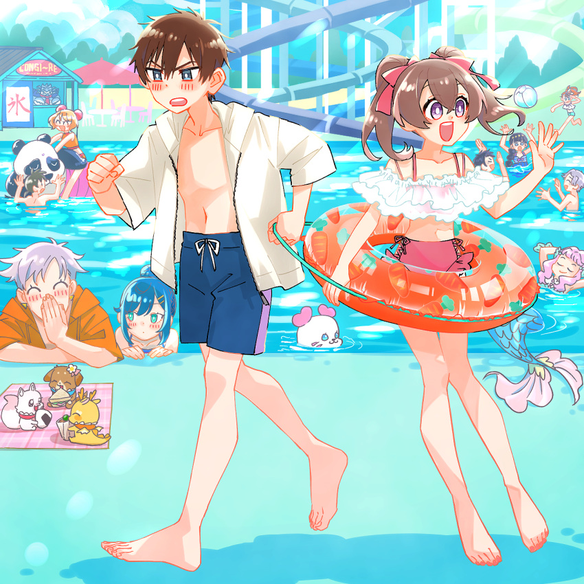 5boys, 6+girls, :d, ^_^, alternate_hairstyle, arms_up, ball, barefoot