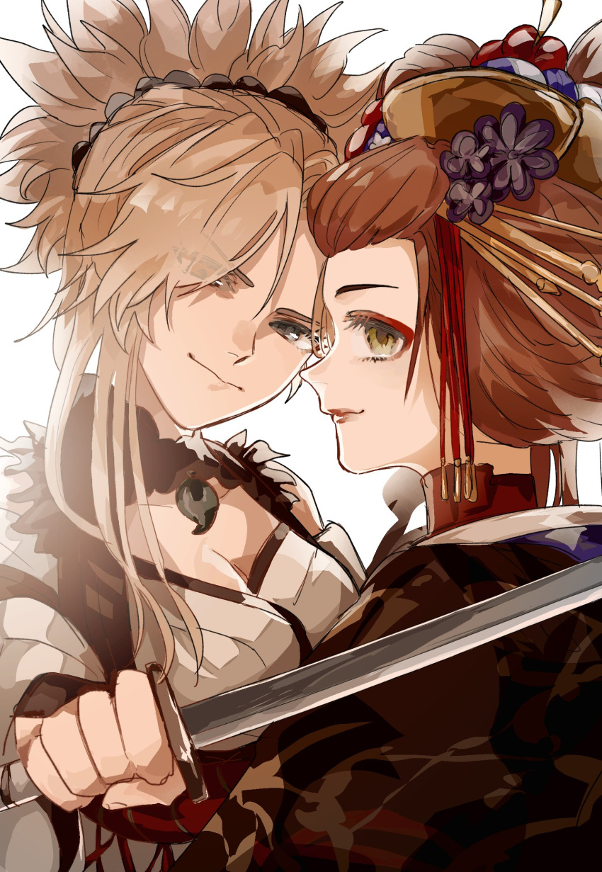 2girls, brown_eyes, brown_hair, brown_kimono, commentary, eyeshadow, fate/samurai_remnant, fate_(series)