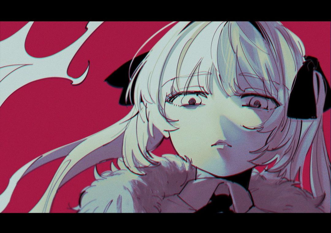 1girl, adipocere_(vocaloid), bags_under_eyes, blurry, collared_shirt, commentary_request, depth_of_field, disdain, empty_eyes, film_grain, fire, flame, floating_hair, frown, fur-trimmed_jacket, fur_trim, futaya635, greyscale_with_colored_background, hair_ribbon, half-closed_eyes, jacket, letterboxed, long_hair, looking_at_viewer, looking_down, neck_ribbon, parted_lips, portrait, raised_eyebrows, red_background, ribbon, shirt, solo, twintails