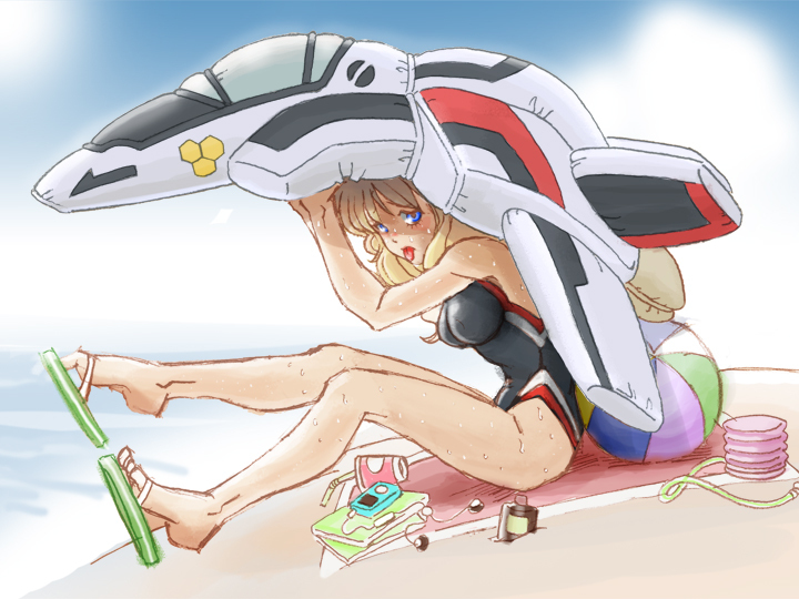 :p, air_pump, ball, beachball, blonde_hair, blue_eyes, competition_swimsuit, digital_media_player