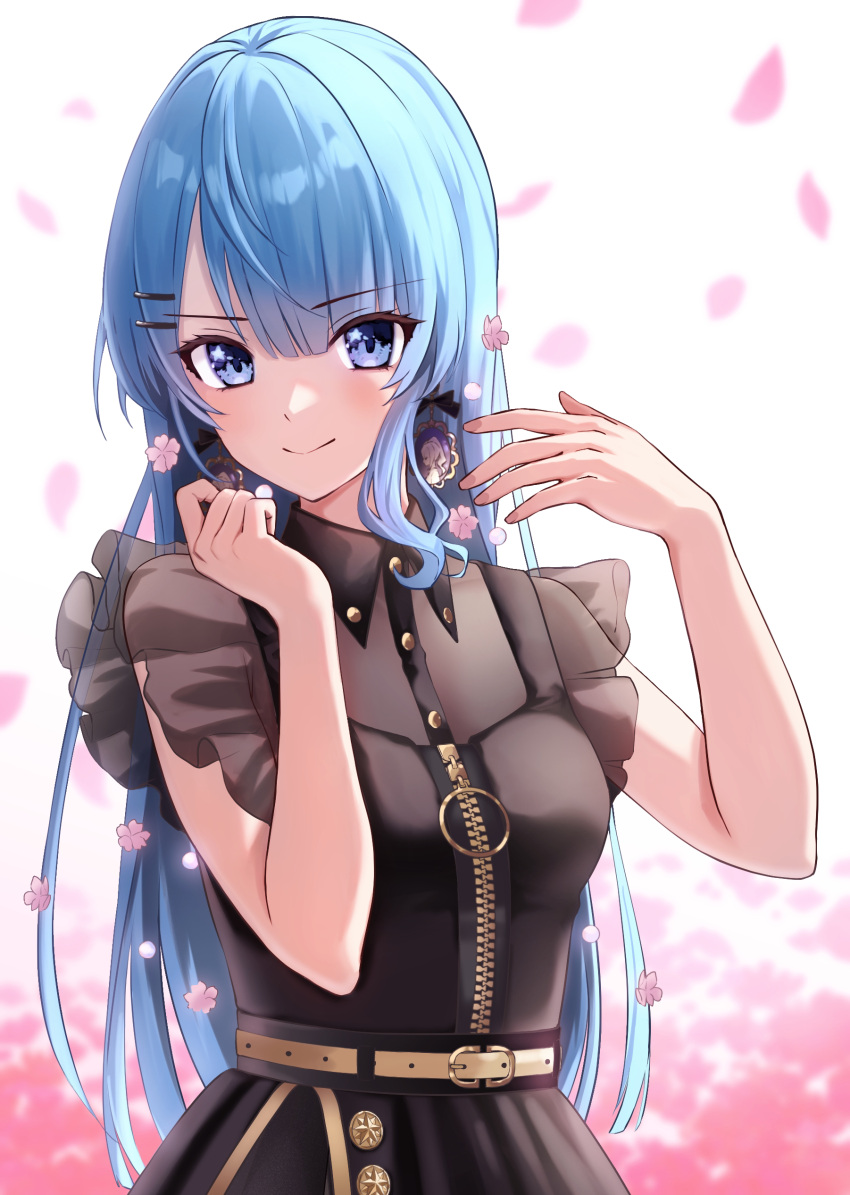 1girl, absurdres, belt, black_shirt, breasts, cherry_blossoms, closed_mouth, collared_shirt