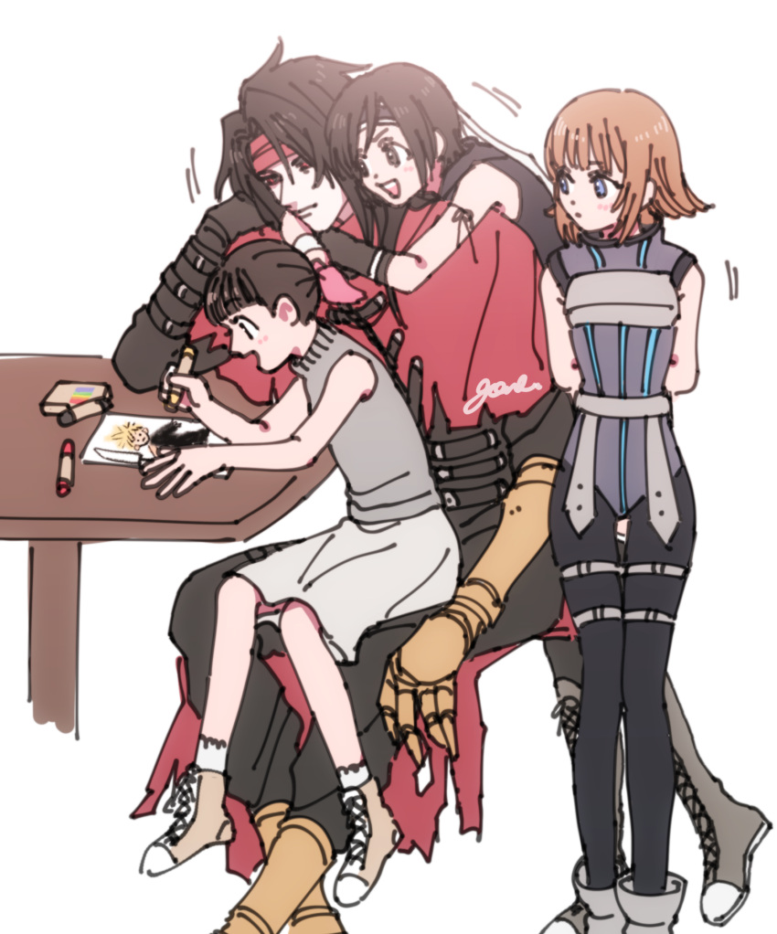 1boy, 3girls, arms_around_neck, bare_shoulders, belt, black_gloves, black_hair, black_pants, blue_eyes, blunt_bangs, bodysuit, boots, braid, braided_ponytail, brown_eyes, brown_hair, clawed_gauntlets, cloak, closed_mouth, cloud_strife, cross-laced_footwear, dirge_of_cerberus_final_fantasy_vii, drawing, elbow_rest, female_child, final_fantasy, final_fantasy_vii, final_fantasy_vii_advent_children, gauntlets, girisyanoneko, gloves, grey_sweater, hair_ribbon, headband, highres, hug, hug_from_behind, knee_boots, lace-up_boots, light_blush, long_hair, marlene_wallace, multiple_belts, multiple_girls, open_mouth, pants, pink_ribbon, red_cloak, red_eyes, red_headband, ribbon, shelke_the_transparent, short_hair, signature, single_gauntlet, single_glove, sitting, sitting_on_lap, sitting_on_person, skirt, sleeveless, sleeveless_turtleneck, smile, standing, sweater, swept_bangs, table, turtleneck, turtleneck_sweater, vincent_valentine, white_background, yuffie_kisaragi