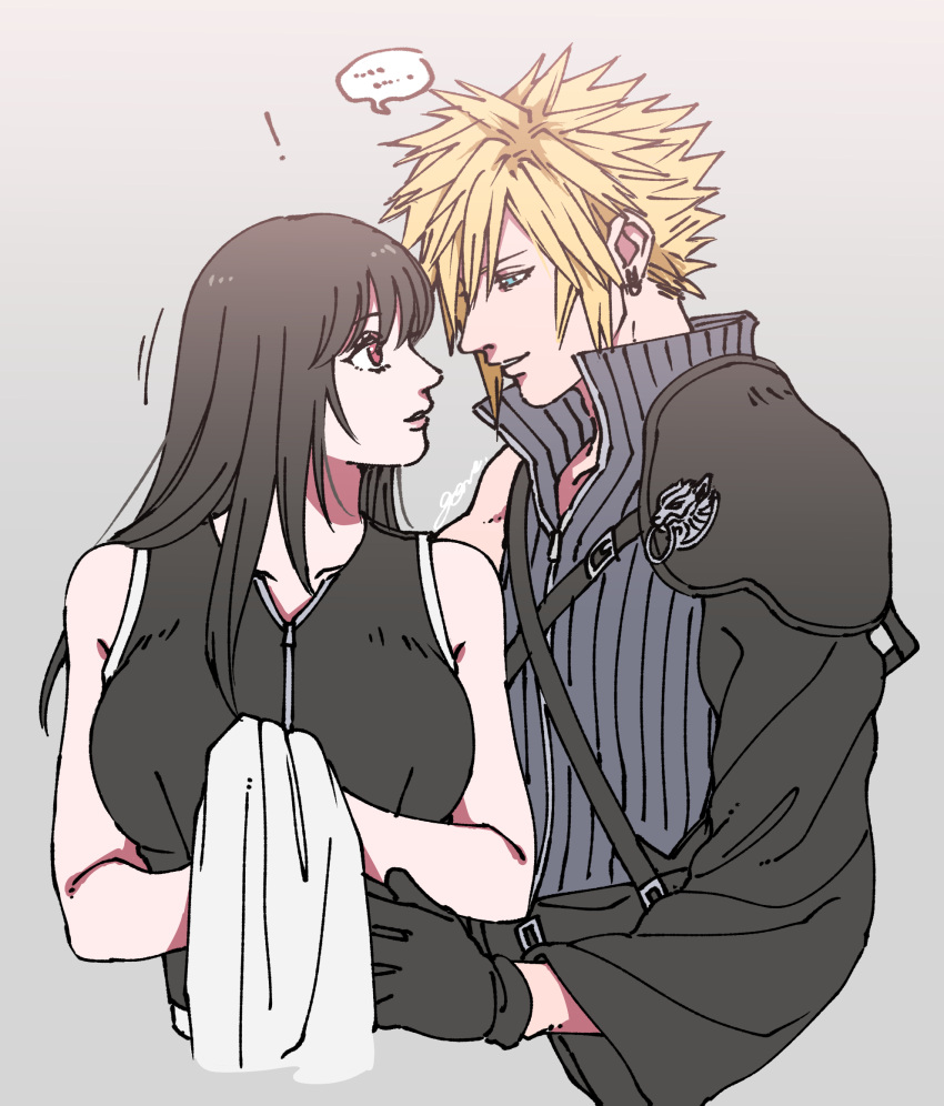!, 1boy, 1girl, armor, bare_shoulders, black_gloves, black_hair, black_sleeves, black_vest, blonde_hair, blue_eyes, breasts, cloud_strife, couple, crop_top, cropped_torso, detached_sleeves, earrings, eye_contact, final_fantasy, final_fantasy_vii, final_fantasy_vii_advent_children, girisyanoneko, gloves, grey_background, high_collar, highres, holding, holding_towel, jewelry, large_breasts, long_hair, looking_at_another, parted_lips, red_eyes, ribbed_shirt, shirt, short_hair, shoulder_armor, signature, single_bare_shoulder, single_detached_sleeve, speech_bubble, spiky_hair, stud_earrings, tank_top, tifa_lockhart, towel, upper_body, vest, white_tank_top, zipper