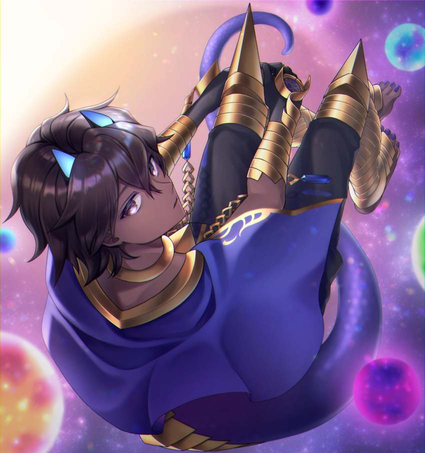 1boy, arjuna_(fate), arjuna_alter_(fate), bishounen, black_eyes, black_hair, blue_horns, blue_tail