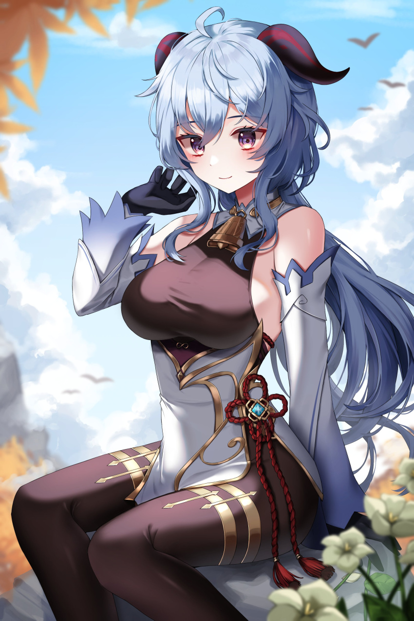 1girl, absurdres, ahoge, bare_shoulders, bell, black_pantyhose, blue_hair, blush