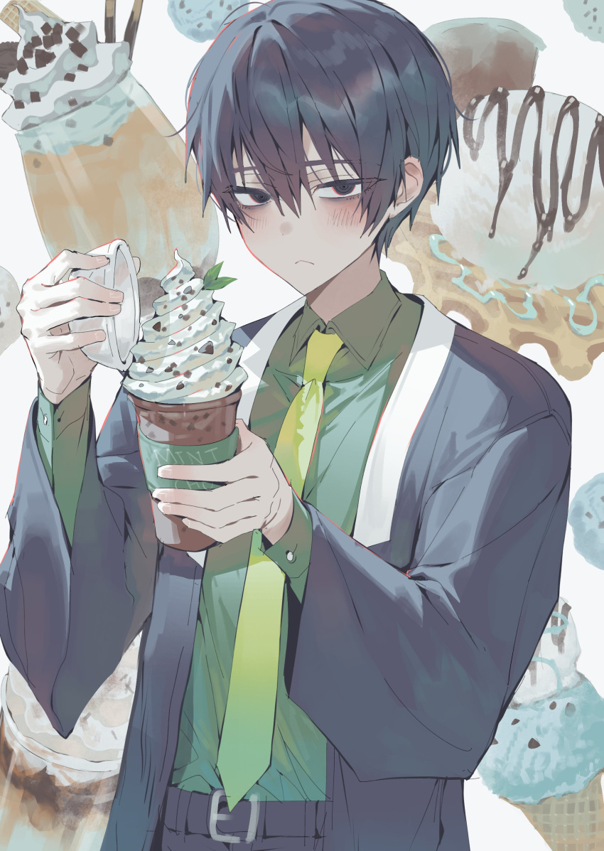 1boy, absurdres, black_eyes, black_hair, black_jacket, black_pants, blush, closed_mouth