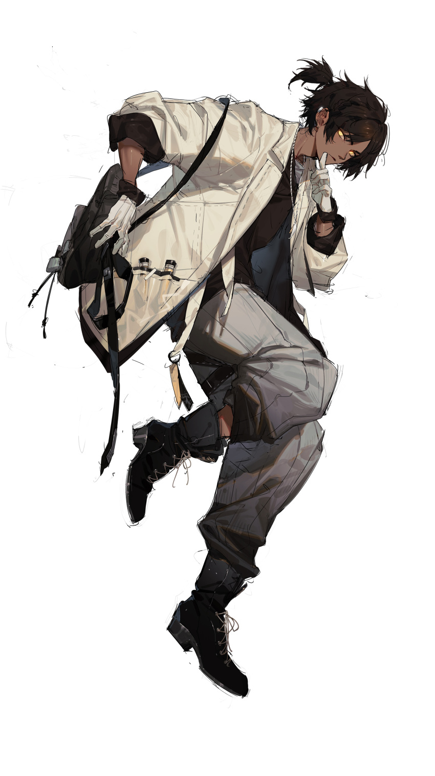 1boy, absurdres, arknights, bag, black_footwear, black_hair, black_shirt, boots