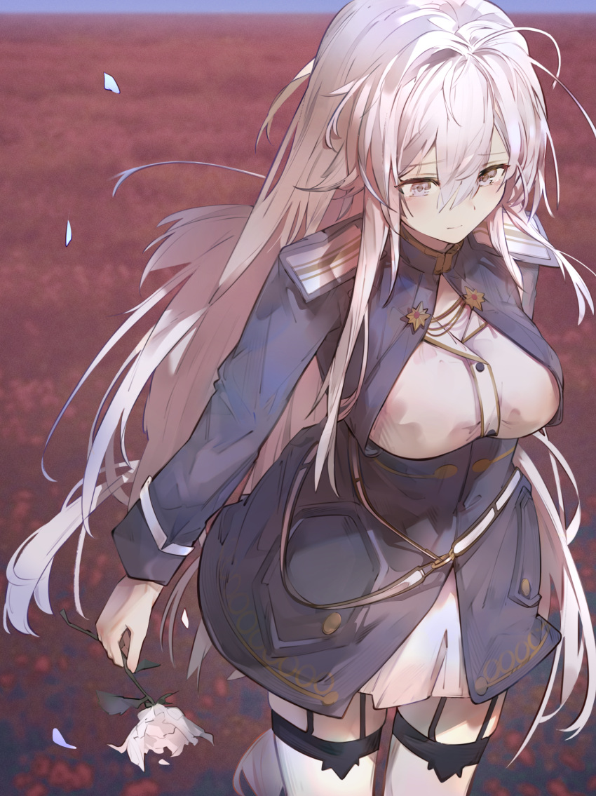 1girl, 86_-eightysix-, belt, breasts, closed_mouth, field, flower, flower_field