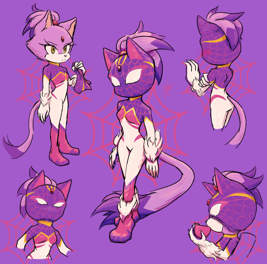 1girl, blaze_the_cat, cat, claws, cosplay, costume, cup, forehead_jewel, furry, furry_female, highres, holding, holding_cup, marvel, mask, ponytail, purple_fur, rfts10919, sonic_(series), spider-man, spider-man_(cosplay), spider-man_(series), standing, superhero, tail, yellow_eyes