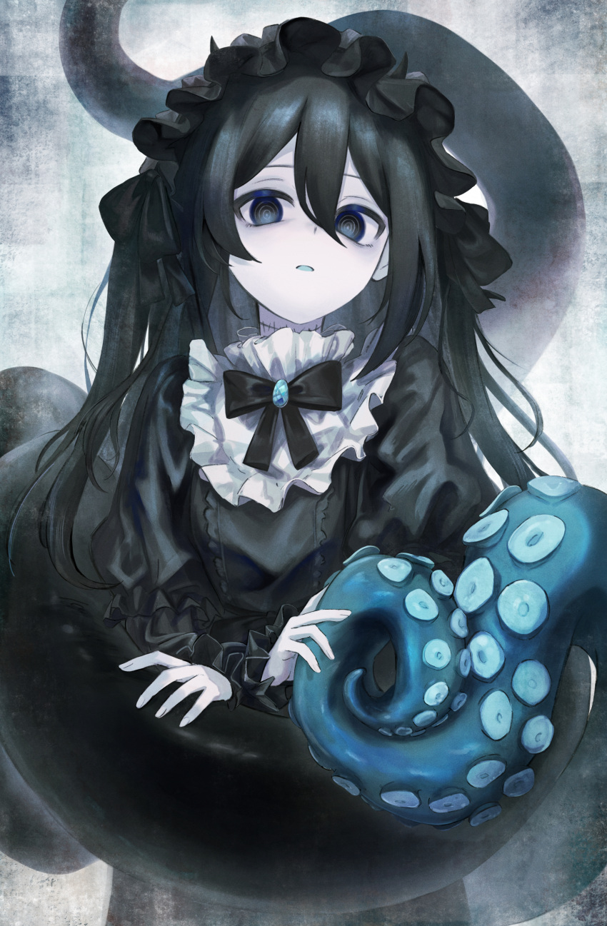 1girl, absurdres, black_bow, black_bowtie, black_dress, black_eyes, black_hair, blue_brooch, blue_tongue, border, bow, bowtie, capelet, colored_tongue, commentary_request, cowboy_shot, dress, frilled_hairband, frilled_shirt_collar, frills, gothic_lolita, grey_background, hairband, hand_on_tentacle, happa_de_happy, highres, horns, indie_virtual_youtuber, juliet_sleeves, lolita_fashion, long_hair, long_sleeves, official_alternate_costume, pale_skin, parted_lips, puffy_sleeves, ringed_eyes, solo, stitched_neck, stitches, tentacles, two_side_up, virtual_youtuber, white_capelet, yamata_ia