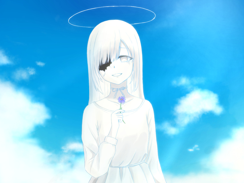 1girl, blue_sky, clouds, colored_skin, commentary_request, cracked_skin, dress, flower