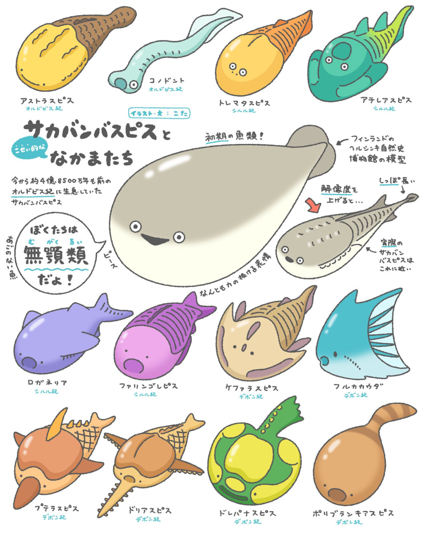 agnatha, animal_focus, arrow_(symbol), astraspis, black_mouth, cephalaspis, conodont, doryaspis, drepanaspis, fish, fish_request, highres, kota_(kota_draw), no_humans, open_mouth, original, partially_translated, pharyngolepis, pteraspis, sacabambaspis, simple_background, speech_bubble, translation_request, triangle_mouth, white_background