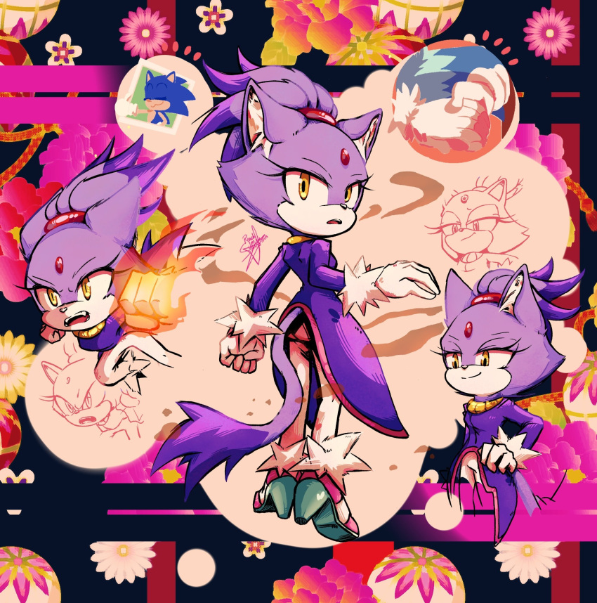 1girl, blaze_the_cat, cat_girl, cat_tail, fire, forehead_jewel, furry, furry_female