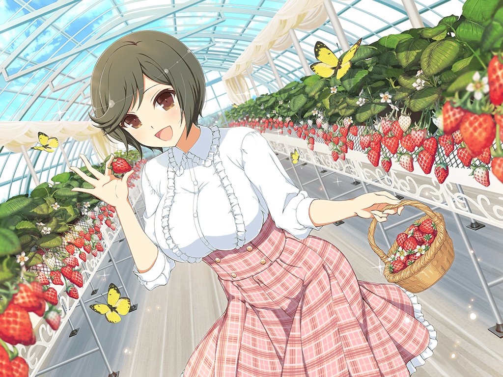 1girl, basket, blue_sky, blush, breasts, brown_eyes, brown_hair, bug, butterfly, buttons, clouds, day, flower, food, frilled_shirt, frilled_skirt, frills, fruit, garden, greenhouse, holding, holding_basket, holding_food, holding_fruit, indoors, large_breasts, leaf, looking_at_viewer, mai_(senran_kagura), official_alternate_costume, official_art, open_mouth, plaid, plaid_skirt, plant, senran_kagura, senran_kagura_new_link, senran_kagura_new_wave, shiny_skin, shirt, short_hair, skirt, sky, smile, solo, standing, strawberry, strawberry_blossoms, strawberry_plant, sunlight, tongue, underbust, white_flower, wooden_floor, yaegashi_nan, yellow_butterfly