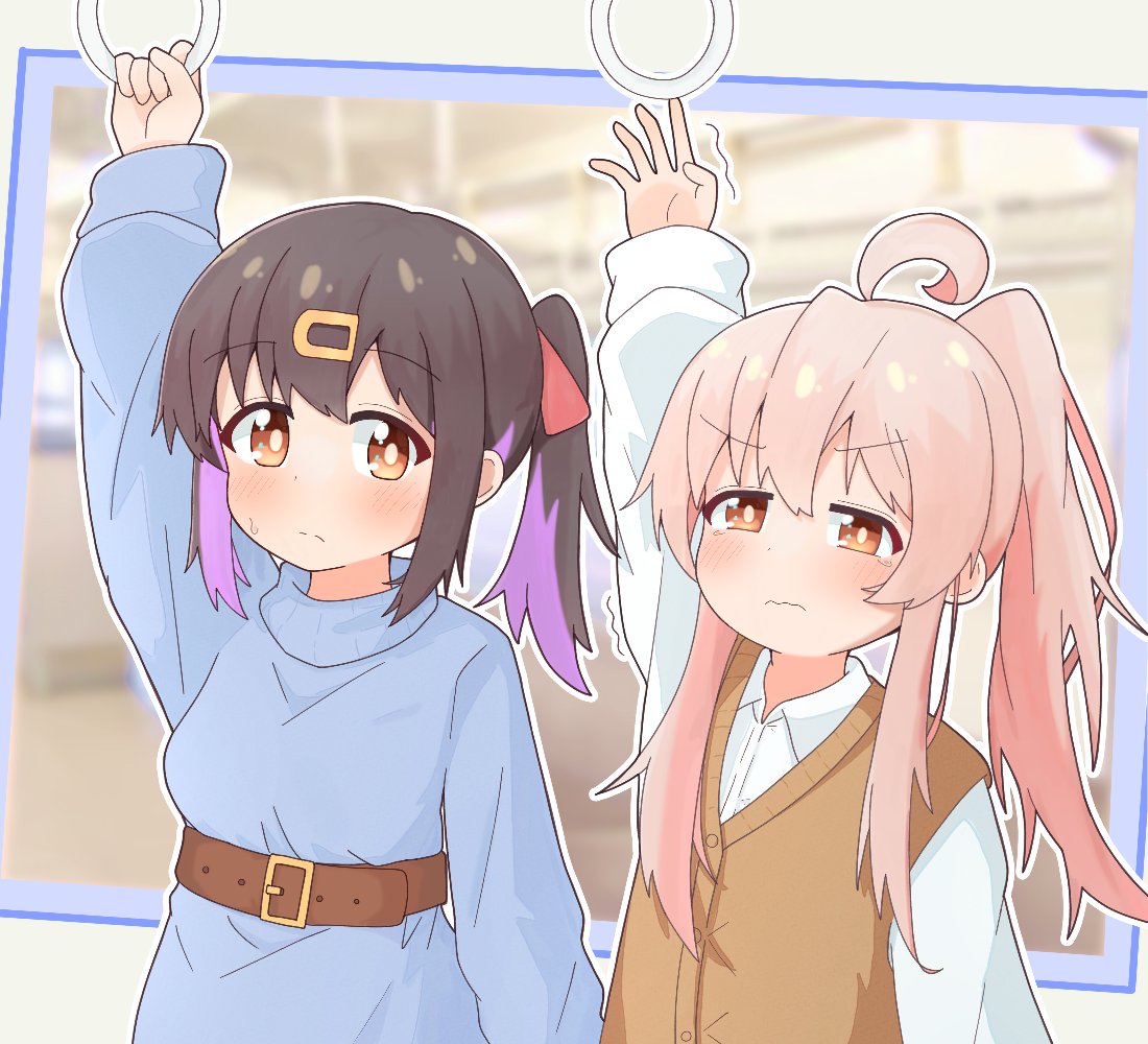 2girls, ahoge, altair_altea, arm_up, belt, black_hair, blue_sweater, brown_eyes