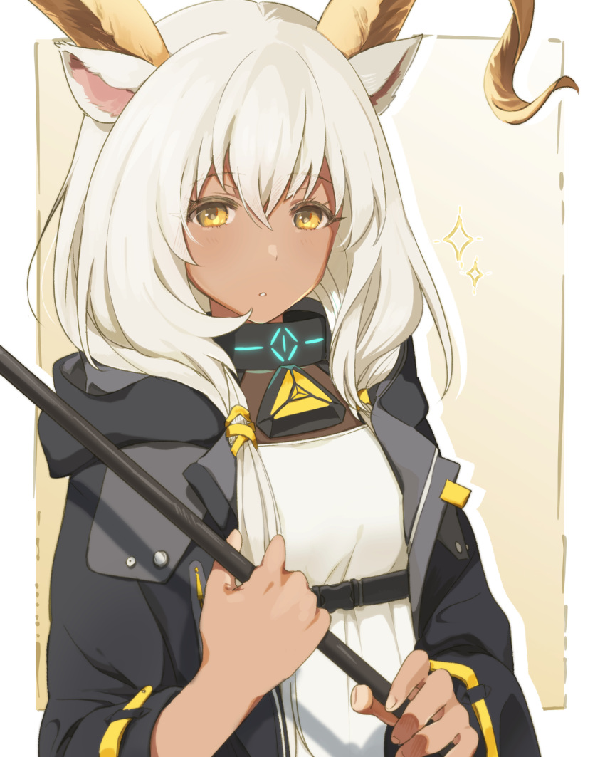animal_ears, arknights, beeswax_(arknights), black_jacket, blush, border, collar, dark-skinned_female