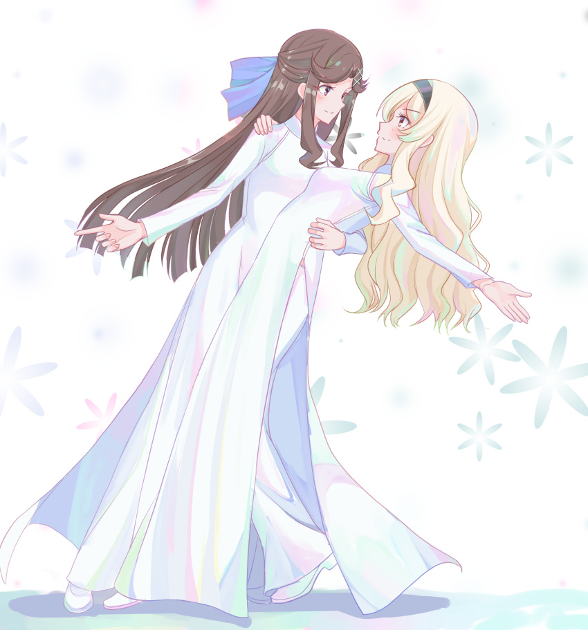 2girls, absurdres, arm_around_shoulder, arm_around_waist, black_hairband, blonde_hair, blue_bow, blunt_ends, blush, bow, breasts, brown_hair, closed_mouth, commentary, dancing, dress, eye_contact, face-to-face, floral_background, from_side, full_body, hair_bow, hairband, half_updo, hand_on_another's_shoulder, hand_on_another's_waist, heel_up, highres, leaning_back, long_dress, long_hair, long_sleeves, looking_at_another, medium_breasts, midriff_peek, multiple_girls, nguyen_tam_lee, open_hand, outstretched_arm, pants, parted_bangs, pink_eyes, profile, saijou_claudine, shoes, shoujo_kageki_revue_starlight, side_slit, sidelocks, smile, standing, tendou_maya, very_long_hair, vietnamese_dress, violet_eyes, wavy_hair, white_background, white_dress, white_footwear, white_pants, yuri