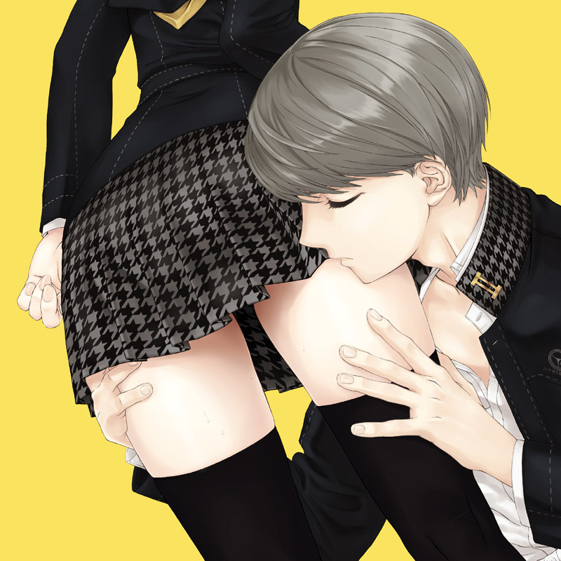 black_thighhighs, closed_eyes, grey_hair, houndstooth, kujikawa_rise, male, miniskirt, narukami_yuu
