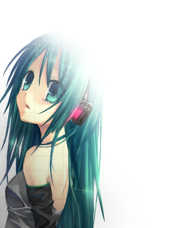 alternate_hairstyle, aqua_eyes, aqua_hair, back, bare_shoulders, detached_sleeves, hatsune_miku, headphones, long_hair, mizuki_riyu, profile, solo, tears, vocaloid