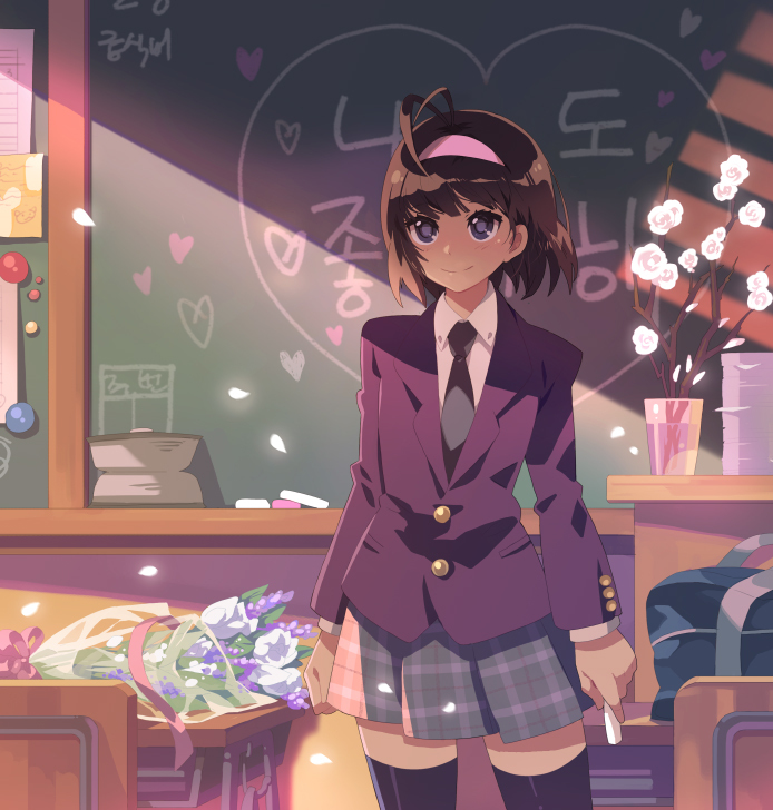 bf's_ok_farm, brown_hair, chalk, chalkboard, crayon, flower, graduation, grey_eyes