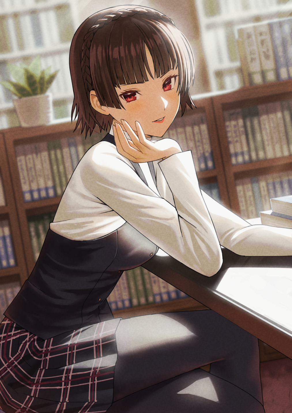 black_pantyhose, bookshelf, braid, breasts, brown_hair, crossed_legs, crown_braid, desk, elbow_rest, fagi_(kakikaki), from_side, highres, library, looking_at_viewer, niijima_makoto, pantyhose, parted_lips, persona, persona_5, plaid, plaid_skirt, red_eyes, school_uniform, serafuku, short_hair, shuujin_academy_school_uniform, sitting, skirt, small_breasts